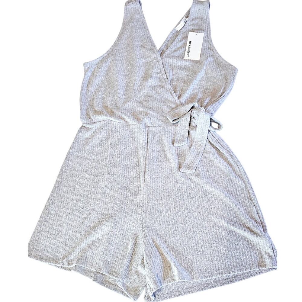 NEW Heatherly v-neck faux wrap ribbed romper shorts gray 2XL 3380